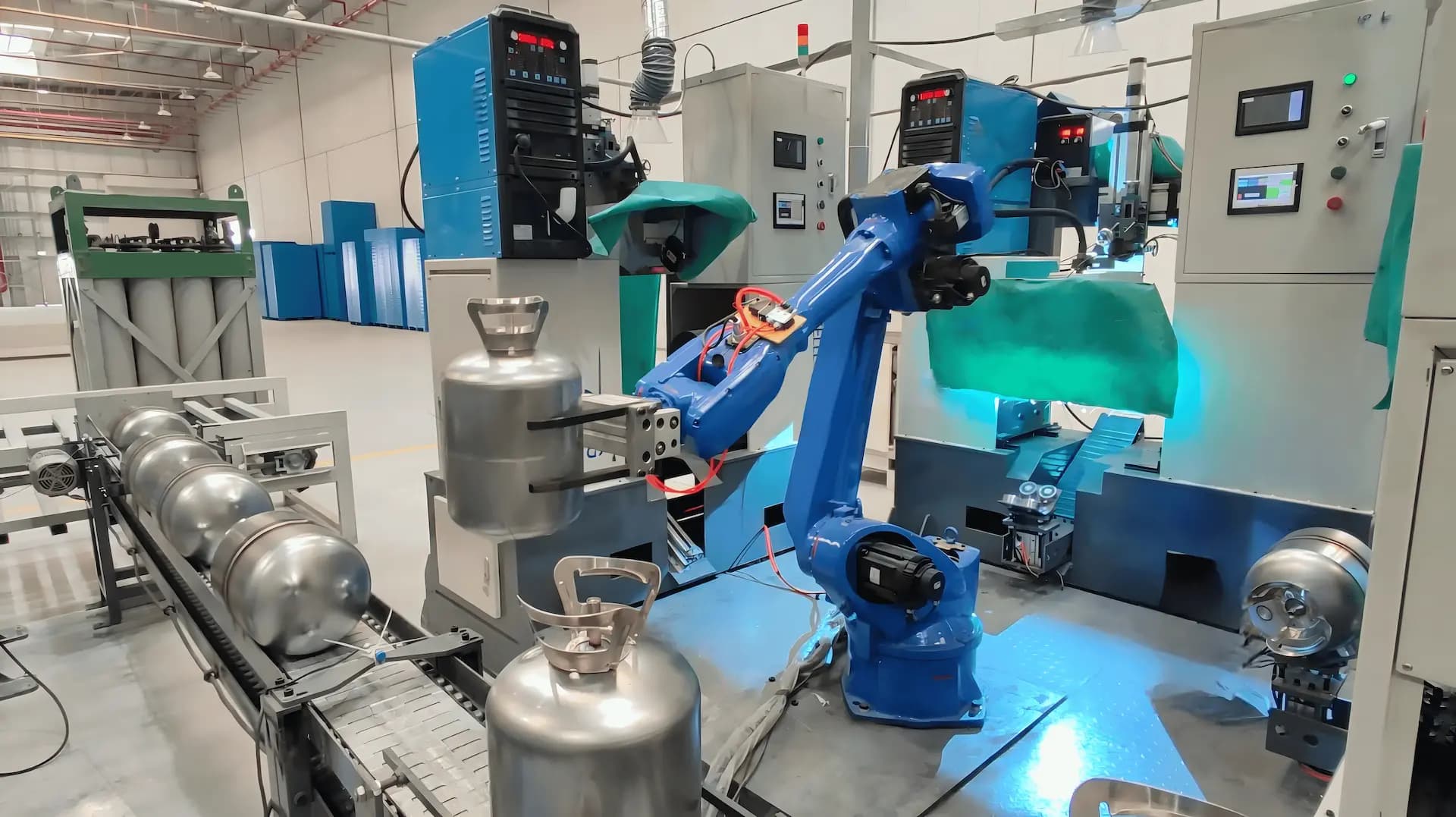 Robotic arm moving a refrigerant cylinder