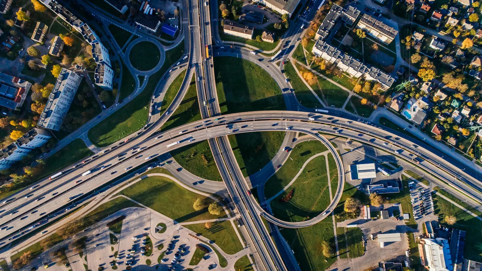 Aerial view of a circular highway with cars on it